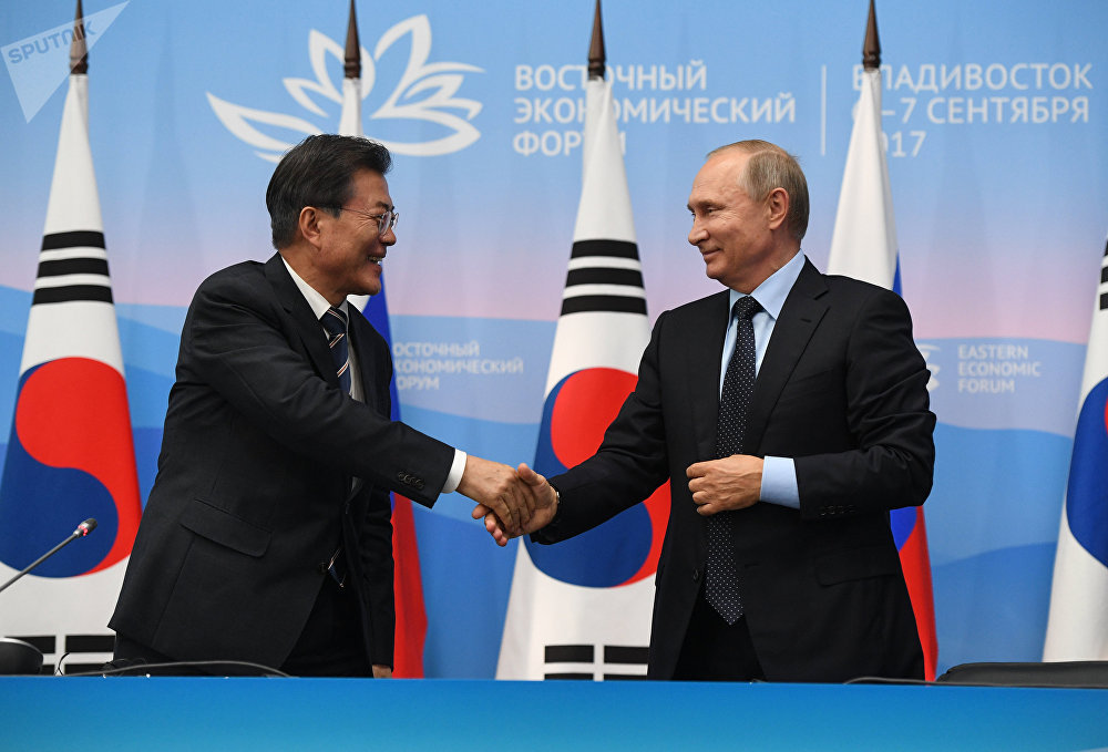 Russian President Vladimir Putin and President of South Korea Moon Jae-in, left, during a joint press statement on the results of the meeting held as part of the 3rd Eastern Economic Forum at the Far Eastern Federal University, Russky Island. September 6, 2017 Russian President Vladimir Putin and President of South Korea Moon Jae-in, left, during a joint press statement on the results of the meeting held as part of the 3rd Eastern Economic Forum at the Far Eastern Federal University, Russky Island. September 6, 2017