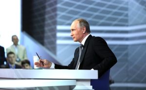 Russian President Vladimir Putin answering questions from Russian citizens at his annual Q&A event on April 14, 2016. (Russian government photo)